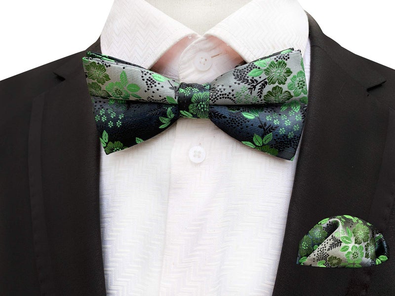 Secdtie Men's Boys Green Grey Textured Party Silk Bow Tie Pocket Square Set Birthday Presents for Son Husband Guys - Image 2